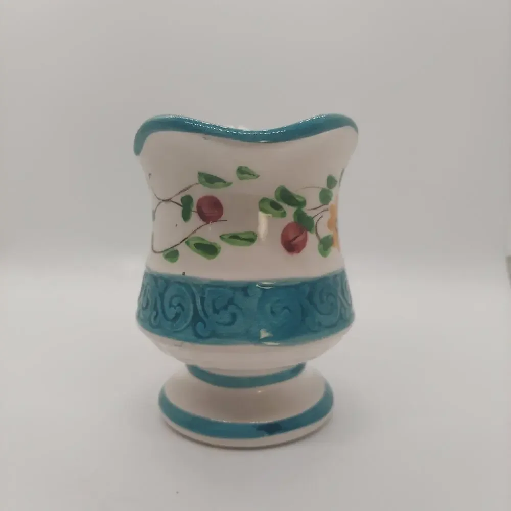 Bella Flora 2319 Ceramic Floral Pitcher Blue Trim Glossy Decorative Pottery